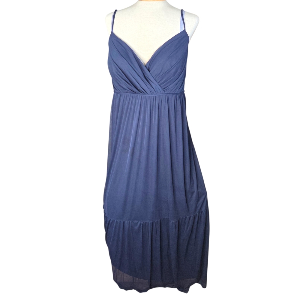DAVID'S BRIDAL Size 24 Navy Blue Spaghetti Strap Ruched Bodice Ruffled Maxi Gown